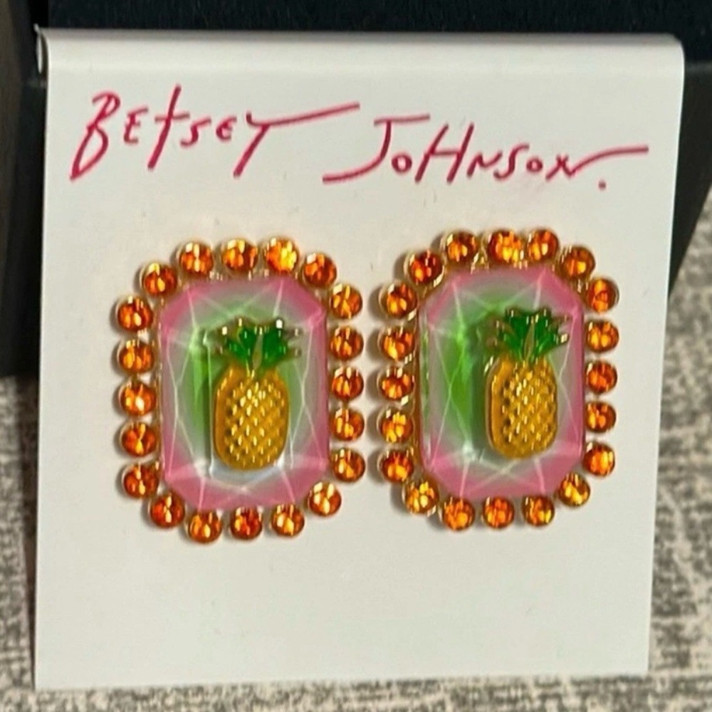 Betsey Johnson Rectangular Shaped Stud Earrings Pineapple & Crystal Accents NWT